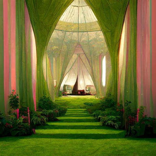 CYBERPUNK TENT OF SHEER CURTAINS WITH METAL GOLD FRINGE AS A DIVIDING WALL THAT VIEWS A SURREAL BRIGHT GREEN GRASS MEADOW THROUGH A LARGE ARCHED OPENING IN THE INTERIOR SYMMETRICAL ARCHITECTURE, ZEN GARDEN OF BRIGHT GREEN MOSS, LARGE PINK AND BLACK FLUFFY CHAIRS AND WHITE DOVES FLY THROUGH THE ROOM , GREEN TOPIARY, HYPER REALISM, 3D RENDER, SUPER RESOLUTION, GOLDEN HOUR --uplight