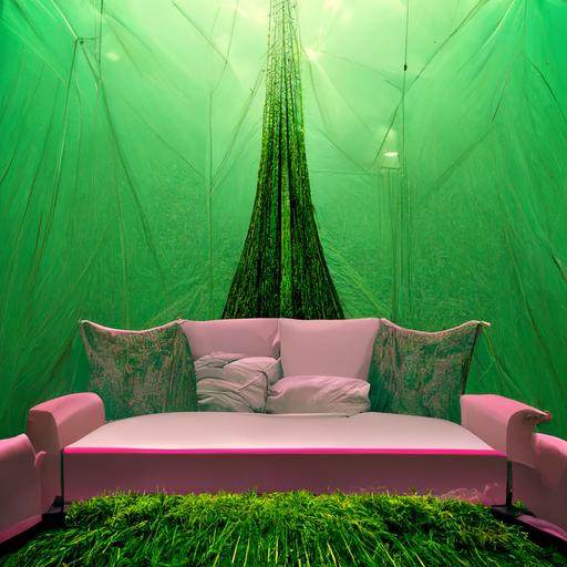 CYBERPUNK TENT OF SHEER CURTAINS WITH METAL GOLD FRINGE AS A DIVIDING WALL THAT VIEWS A SURREAL BRIGHT GREEN GRASS MEADOW THROUGH A LARGE ARCHED OPENING IN THE INTERIOR SYMMETRICAL ARCHITECTURE, ZEN GARDEN OF BRIGHT GREEN MOSS, LARGE PINK AND BLACK FLUFFY CHAIRS AND WHITE DOVES FLY THROUGH THE ROOM , GREEN TOPIARY, HYPER REALISM, 3D RENDER, SUPER RESOLUTION, insanely detailed  and intricate, hypermaximalist, elegant, ornate, hyper realistic, ultra-realistic, HD Octane Render, 3d, 8k post-production, super detailed, masterpiece, photorealistic