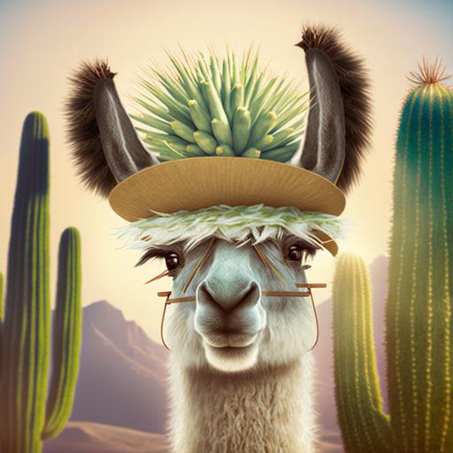 llama in the desert, funny llama hairstyle, cactus, sombrero, fhd, 8k, ultra sharp details --no text --chaos 50 --v 4 --q 2
