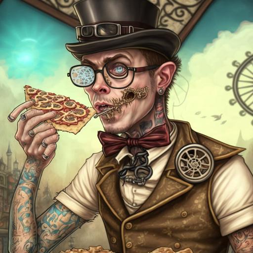 vanilla ice eating pizza, funny steampunk caricature , fhd, 32k --v 4