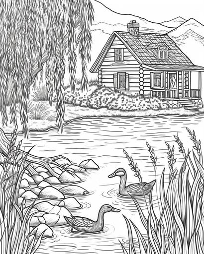 Cabin by a still lake with ducks swimming and weeping willows on the shore, coloring page, monochrome, black and white, thick lines, for adults --ar 4:5 --v 6.0