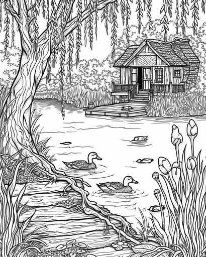 Cabin by a still lake with ducks swimming and weeping willows on the shore, coloring page, monochrome, black and white, thick lines, for adults --ar 4:5 --v 6.0