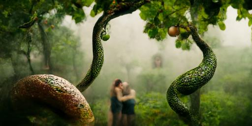 big tree bearing fruit, snake, two people, nature, lush forest, Eden, Adam and Eve, cinematic, realistic, photo, misty mood, closeup, fine detail, —ar 2:1