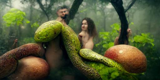 big tree bearing fruit, snake, two people, nature, lush forest, Eden, Adam and Eve, cinematic, realistic, photo, misty mood, closeup, fine detail, —ar 2:1