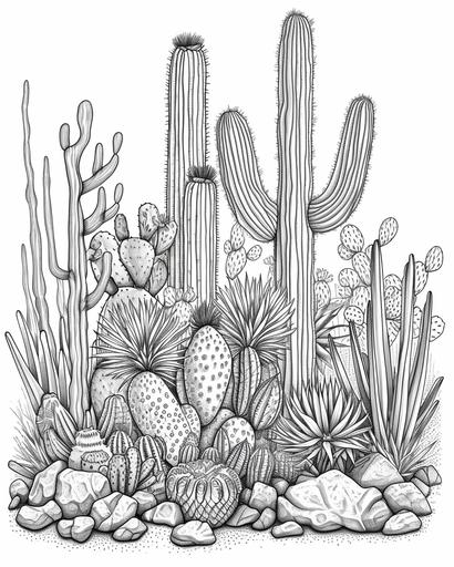 Cactus garden with various types of cacti and desert rocks, coloring page for adults, thick lines, black and white, greyscale --ar 4:5 --v 6.0