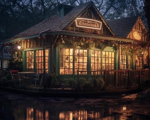 Café Du Froggy, where froggy shaped beignets and cafe au lait are served, located by the Firefly River in the Bayou Kingdom, academia aesthetic, Zeiss lens, Canon EOS R7, --ar 5:4 --s 750 --s 250