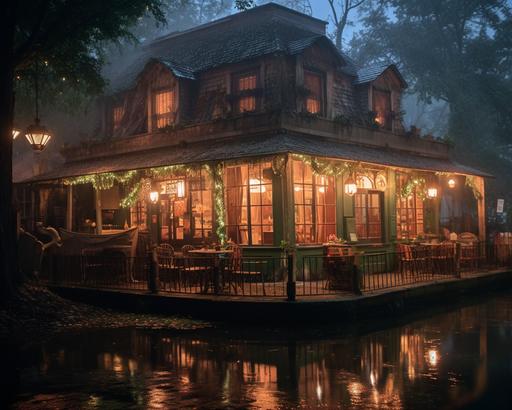 Café Du Froggy, where froggy shaped beignets and cafe au lait are served, located by the Firefly River in the Bayou Kingdom, academia aesthetic, Zeiss lens, Canon EOS R7, --ar 5:4 --s 750 --s 250