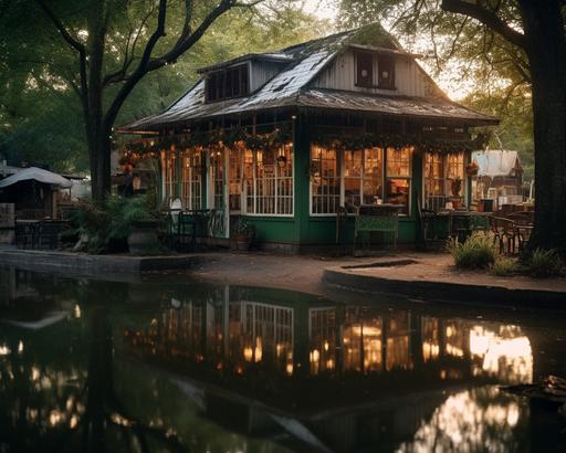 Café Du Froggy, where froggy shaped beignets and cafe au lait are served, located by the Firefly River in the Bayou Kingdom, academia aesthetic, Zeiss lens, Canon EOS R7, --ar 5:4 --s 750 --s 250