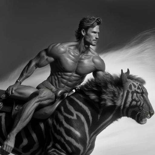 Calvin Klein fashion photography, muscular surfer dude riding a tiger, Tom of Finland, exquisite detail, 30-megapixel, 4k, 85-mm-lens, sharp-focus, intricately-detailed, long exposure time, f/8, ISO 100, shutter-speed 1/125, diffuse-back-lighting, award-winning photograph, facing-camera, looking-into-camera, monovisions, elle, small-catchlight, low-contrast, High-sharpness, depth-of-field, ultra-detailed photography, HDR, 8k --q 2 --v 4