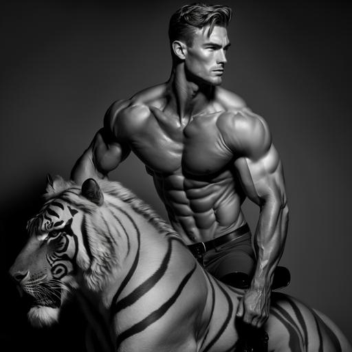Calvin Klein fashion photography, muscular surfer dude riding a tiger, Tom of Finland, exquisite detail, 30-megapixel, 4k, 85-mm-lens, sharp-focus, intricately-detailed, long exposure time, f/8, ISO 100, shutter-speed 1/125, diffuse-back-lighting, award-winning photograph, facing-camera, looking-into-camera, monovisions, elle, small-catchlight, low-contrast, High-sharpness, depth-of-field, ultra-detailed photography, HDR, 8k --q 2 --v 4