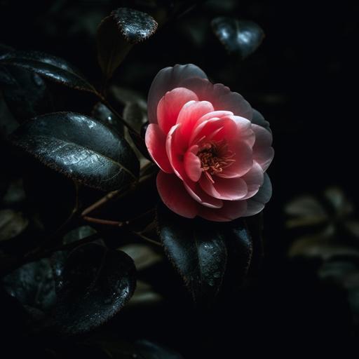Camellia flower，Dark tone，Nighttime，Mysterious，Camping，Nature ，Text，Font --v 5