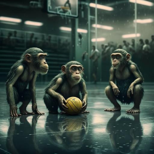 realistic futuristic wet monkeys playing basketball on court, 8k