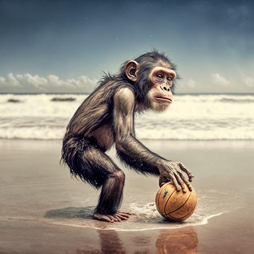 wet monkey playing basketball in the summer beach 16:9 scale ratio