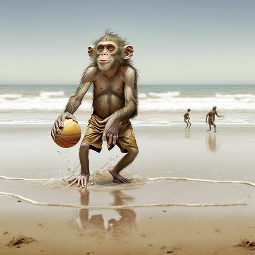 wet monkey playing basketball in the summer beach 16:9 scale ratio