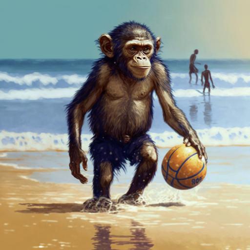 wet monkey playing basketball in the summer beach 16:9 scale ratio