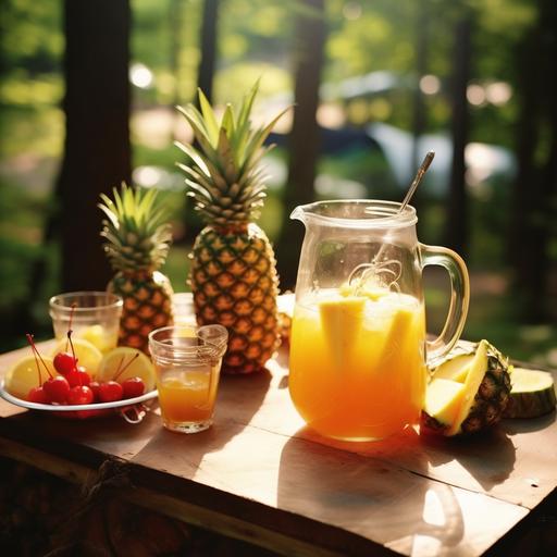 Campsite. Pineapple Rum Punch in Pitcher - Ingredients: 2 oz dark rum 1 cup pineapple juice 1/2 cup coconut cream 1/2 cup orange juice 1/4 cup fresh lime juice Pineapple slices and maraschino cherries (for garnish) Ice