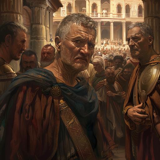 Can you draw an illustration of Gellius Egnatius, the Samnite commander of ancient Rome looking straight at me, with his body turned towards me, looking at me, while in front of his people, in the style of Assassins Creed? --v 6.0