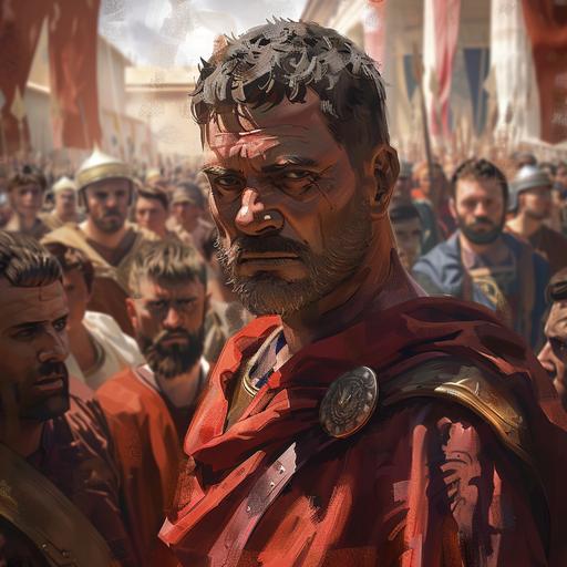 Can you draw an illustration of Gellius Egnatius, the Samnite commander of ancient Rome looking straight at me, with his body turned towards me, looking at me, while in front of his people, in the style of Assassins Creed?