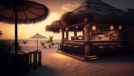 Cancun at sunset, bar in the background, dj table in the center of scene, beach chairs with unbrellas:: detailed, ultra realistic, --ar 16:9