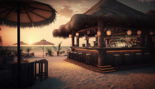 Cancun at sunset, bar in the background, dj table in the center of scene, beach chairs with unbrellas:: detailed, ultra realistic, --ar 16:9