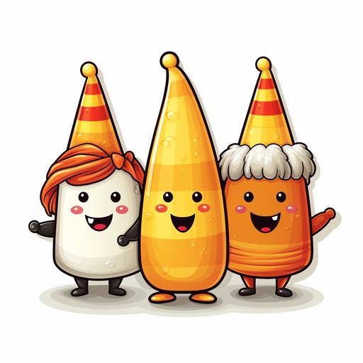 Candy Corn Characters, Sticker, Adorable, Satin Colors, Art brut style, Contour, Vector, White Background, Detailed --v 5.2