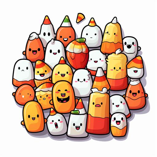 Candy Corn Characters, Sticker, Adorable, Satin Colors, Art brut style, Contour, Vector, White Background, Detailed --v 5.2