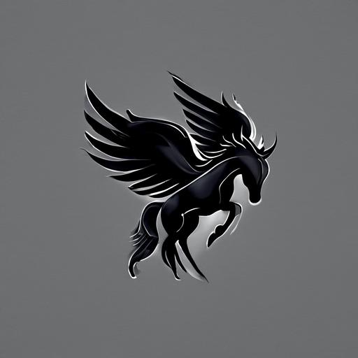 Design a simple black Pegasus logo with a subtle and melancholic expression, looking 100-140 degrees down. Use clean lines and minimalist design elements to create a refined and timeless look. Consider the positioning of the wings, body, and mane to create a balanced and harmonious design. The logo should convey a sense of quiet strength, grace, and resilience, despite the slightly downcast expression. Make sure the logo is easily recognizable and versatile enough to be used across a variety of mediums, including digital and print materials.