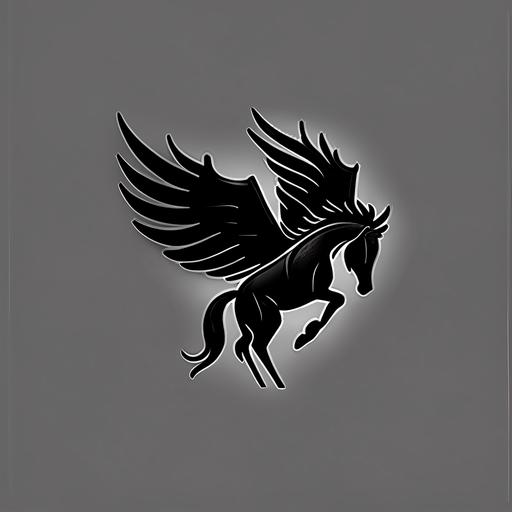 Design a simple black Pegasus logo with a subtle and melancholic expression, looking 100-140 degrees down. Use clean lines and minimalist design elements to create a refined and timeless look. Consider the positioning of the wings, body, and mane to create a balanced and harmonious design. The logo should convey a sense of quiet strength, grace, and resilience, despite the slightly downcast expression. Make sure the logo is easily recognizable and versatile enough to be used across a variety of mediums, including digital and print materials.
