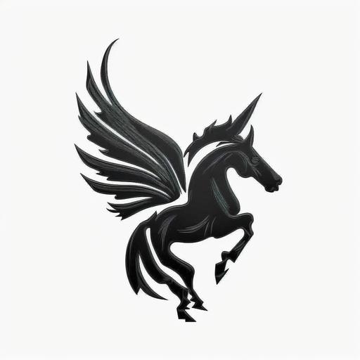 Design a single pegasus logo inspired by the Ralph Lauren logo, incorporating elements of strength, elegance, and freedom, black, simple, small, pegasus looking side way down. Use black as the primary color to give it a bold, industrial edge. Consider the positioning, size, and style of the wings, body, and mane to create a balanced and impactful design. Think about how the logo can be used across clothing.