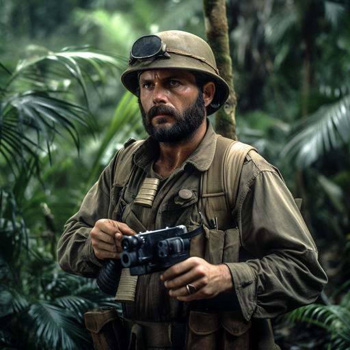 Captain John Price in a tropical jungle combat uniform with M1 steel helmet on head, wielding a blue lightsaber in hand, standing in the midst of a battle scene during the Vietnam War. He wears a brown leather utility belt with pouches, adorned with metallic Star Wars insignia. A small holoprojector is mounted on his helmet, displaying the rebel alliance logo. - ar 16:9 --v 5 --v 5 --q 2