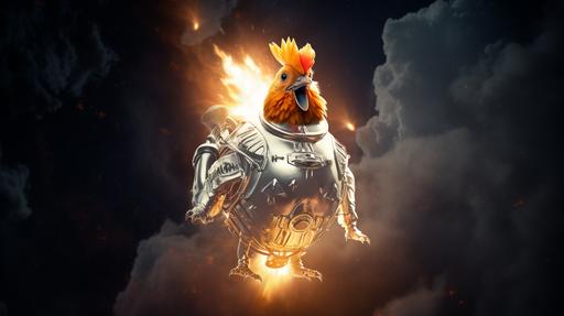 Captain Metaphorical Chicken's interstellar journey in a foil rocket with carrots --ar 16:9
