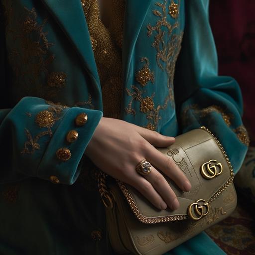 Caption: Iconic Gucci craftsmanship meets the rugged appeal of 1960s country fashion, resulting in a distinctively refined yet adventurous look. [Image 4: A close-up shot of a model's hands, adorned with an array of Gucci gold and turquoise jewelry, clutching the handle of a leather saddlebag with the iconic GG logo embossed on the front.] --s 750 --v 5