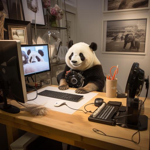 Capture a delightful and unique scene of a talented panda photographer hard at work in a charming photographer's office. The image should showcase the panda's passion for photography, as it expertly handles a camera and edits photos on a computer. In the office, set against a backdrop of photography equipment and artistic prints, the panda is seen with a camera in hand, adjusting settings and composing shots with a keen eye. The panda's dedication to its craft is evident in its focused expression and precise movements. On the computer screen, display a heartwarming Greek wedding photo, showcasing a blissful couple captured amidst the beauty of a romantic wedding ceremony. The vibrant colors, radiant smiles, and picturesque surroundings of the Greek landscape should add to the joyous atmosphere of the image. In this captivating scene, the viewer can simultaneously see the computer screen displaying the Greek wedding photo and the adorable panda photographer working with passion and creativity. The blend of artistry and technology in this setting highlights the panda's talent and its commitment to immortalizing cherished moments. The office should be adorned with photography-related decor, such as vintage cameras, inspiring quotes, and framed photographs. Soft, natural light filters through the windows, casting a warm glow on the scene. The image should be captured in 16k resolution, allowing for exquisite details, and in a 3:2 aspect ratio to create a visually pleasing composition. This heartwarming portrayal of a panda photographer immersed in its art will surely captivate and inspire all who behold it.