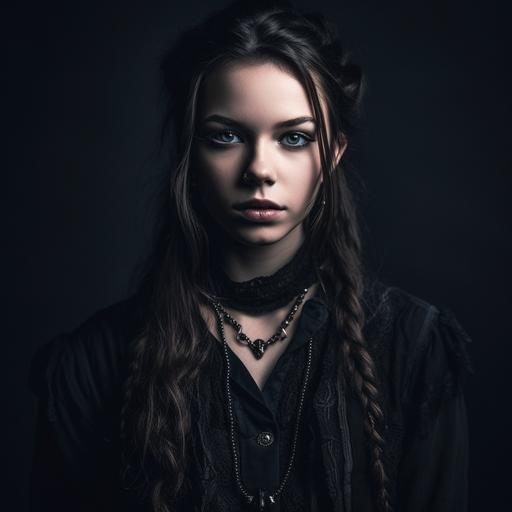 Capture a high-quality, realistic DSLR photo of a beautiful young woman in her twenties posing to photo. She should have pale skin and long dark hair with a single white stripe. Her eyes should be piercing blue, conveying intelligence and intensity. Dress her in a blend of Victorian-era and Gothic clothing that is practical and slightly mysterious. Accessorize her with black leather gloves and consider using lighting techniques or post-processing to add a faint glow around her or an ethereal quality to her expression, hinting at supernatural abilities. Beautiful but scary, admired but feared. The overall atmosphere of the photo should evoke a sense of strength, independence, and connection to a mystical world. Photo should be colorful instagram style. Next to the girl should be small rat skeleton with scythe (Rat Death). In the background there is a window and outside we can see Snow White horse flying above the ground --no camera --v 5 --s 750