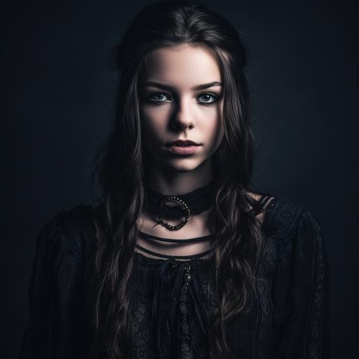 Capture a high-quality, realistic DSLR photo of a beautiful young woman in her twenties posing to photo. She should have pale skin and long dark hair with a single white stripe. Her eyes should be piercing blue, conveying intelligence and intensity. Dress her in a blend of Victorian-era and Gothic clothing that is practical and slightly mysterious. Accessorize her with black leather gloves and consider using lighting techniques or post-processing to add a faint glow around her or an ethereal quality to her expression, hinting at supernatural abilities. Beautiful but scary, admired but feared. The overall atmosphere of the photo should evoke a sense of strength, independence, and connection to a mystical world. Photo should be colorful instagram style. Next to the girl should be small rat skeleton with scythe (Rat Death). In the background there is a window and outside we can see Snow White horse flying above the ground --no camera --v 5 --s 750