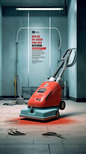 Capture a hyper-realistic, award-winning graphic design poster that won first place in an important international advertising design competition in 2023. The poster should promote the study and specialization in professional careers in sciences among young people. The central image should be a hyper-realistic photograph of a floor cleaning machine, symbolizing the potential fate of those who neglect the importance of mathematics. Below the image, there should be a short text that says 