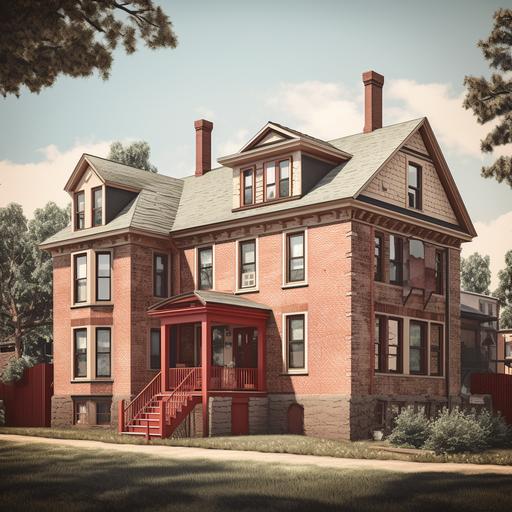 Capture a unique architectural scene featuring a tan brick row house standing next to a traditional red New England farmhouse. The row house should exhibit the classic features of urban architecture, with multiple stories, uniform windows, and a narrow footprint. The farmhouse, on the other hand, should exude rustic charm with its gabled roof, white window frames, and red clapboard siding. The style should be hyper-realistic, with a high level of detail in the architectural features and the surrounding environment. The lighting should be warm and inviting, casting long shadows that highlight the texture of the brick and the red paint of the farmhouse. The colors should be natural and earthy, with the tan of the brick contrasting with the vibrant red of the farmhouse. Use a wide-angle lens to capture the entire scene, focusing on the contrasting architectural styles. The shot should be taken from a low angle, emphasizing the height of the row house and the breadth of the farmhouse. This should be a high-resolution 16k image, with a 16:9 aspect ratio, version 5.1, raw style, quality 2, and size 750. --v 5