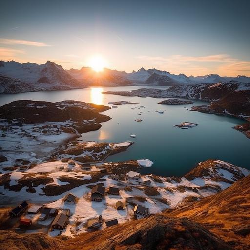 Capture the awe - inspiring beauty of Greenland's vast and striking vista. Show a breathtaking panoramic view of Greenland's icy landscapes, towering glaciers, and rugged mountains. The composition should emphasize the immense scale and grandeur of the scene. Include a magnificent glacier flowing into a serene fjord, surrounded by snow - capped peaks. The lighting should evoke a sense of tranquility, with soft, diffused sunlight casting a gentle glow over the icy terrain. Capture the subtle shades of blue and white, showcasing the frozen wilderness in all its splendor. The image should transport viewers to this remote and pristine Arctic wonderland, filling them with a sense of awe and reverence. Camera: Full - frame DSLR, Lens: Wide - angle lens( e. g. , 16 - 35mm) , Focal Length: 20mm, Aperture: f/ 8, ISO: 100 Shutter, Speed: 1/ 250 seconds, Tripod: Sturdy tripod for stability, Filters: Polarizing filter to enhance colors and reduce glare White Balance: Daylight, Capture Format: RAW for maximum flexibility in post - processing. If possible, include a small Inuit village or a few traditional Greenlandic colorful houses in the foreground to provide a sense of scale and human presence. Experiment with different angles and perspectives to find the most captivating composition. Avoid any distracting elements or signs of modern civilization to preserve the pristine nature of the scene. Consider capturing the image during the golden hour to enhance the warmth and softness of the light.