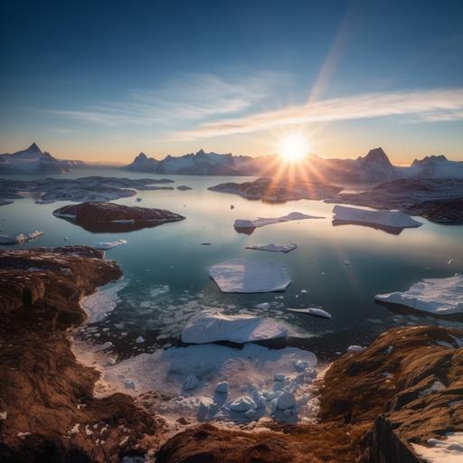 Capture the awe - inspiring beauty of Greenland's vast and striking vista. Show a breathtaking panoramic view of Greenland's icy landscapes, towering glaciers, and rugged mountains. The composition should emphasize the immense scale and grandeur of the scene. Include a magnificent glacier flowing into a serene fjord, surrounded by snow - capped peaks. The lighting should evoke a sense of tranquility, with soft, diffused sunlight casting a gentle glow over the icy terrain. Capture the subtle shades of blue and white, showcasing the frozen wilderness in all its splendor. The image should transport viewers to this remote and pristine Arctic wonderland, filling them with a sense of awe and reverence. Camera: Full - frame DSLR, Lens: Wide - angle lens( e. g. , 16 - 35mm) , Focal Length: 20mm, Aperture: f/ 8, ISO: 100 Shutter, Speed: 1/ 250 seconds, Tripod: Sturdy tripod for stability, Filters: Polarizing filter to enhance colors and reduce glare White Balance: Daylight, Capture Format: RAW for maximum flexibility in post - processing. If possible, include a small Inuit village or a few traditional Greenlandic colorful houses in the foreground to provide a sense of scale and human presence. Experiment with different angles and perspectives to find the most captivating composition. Avoid any distracting elements or signs of modern civilization to preserve the pristine nature of the scene. Consider capturing the image during the golden hour to enhance the warmth and softness of the light.