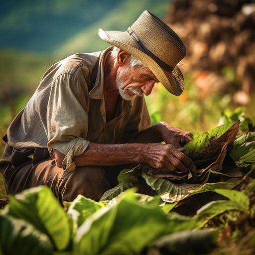 Capture the essence of Cuban tobacco harvesting with a breathtaking 16x9 landscape photograph. Take a bird's eye view of the tobacco fields, showcasing the vibrant green plants and the weathered hands of an elderly Cuban man as he works to collect the tobacco. Use your camera to convey the beauty and hard work that goes into this traditional craft. The composition should highlight the contrast between the man and the surrounding fields, emphasizing the human element of this age-old process. Use a drone to capture the scene from above and showcase the stunning Cuban countryside in the background. Make sure to capture the golden hour lighting for a warm and inviting feel-5.1
