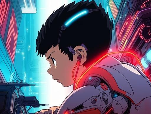 Capture the essence of a 1960s-inspired Astro Boy-esque anime with a cinematic still showcasing a young boy cyborg character. Illustrate the scene where he unleashes beams of photonegative refractographs from his hands, blending the retro aesthetic with futuristic energy. Embrace the vibrant colors and dynamic action to evoke the spirit of classic Japanese animation. --ar 4:3 --niji 5 --no rtx on, 3d, cgi