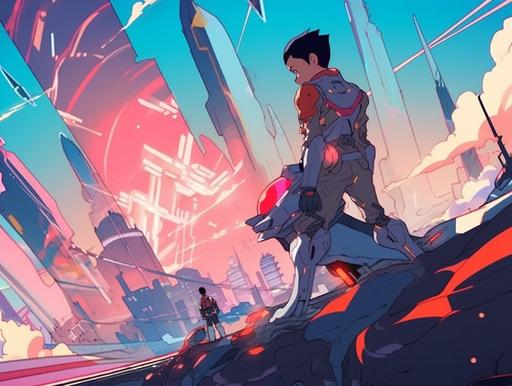Capture the essence of a 1960s-inspired Astro Boy-esque anime with a cinematic still showcasing a young boy cyborg character. Illustrate the scene where he unleashes beams of photonegative refractographs from his hands, blending the retro aesthetic with futuristic energy. Embrace the vibrant colors and dynamic action to evoke the spirit of classic Japanese animation. --style scenic --ar 4:3 --niji 5 --no rtx on, 3d, cgi