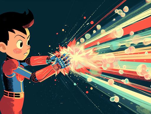 Capture the essence of a 1960s-inspired Astro Boy-esque anime with a cinematic still showcasing a young boy cyborg character. Illustrate the scene where he unleashes beams of photonegative refractographs from his hands, blending the retro aesthetic with futuristic energy. Embrace the vibrant colors and dynamic action to evoke the spirit of classic Japanese animation. --style raw --ar 4:3 --v 6.0 --no 3d, cgi, rtx on