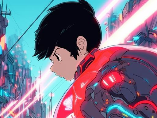 Capture the essence of a 1960s-inspired Astro Boy-esque anime with a cinematic still showcasing a young boy cyborg character. Illustrate the scene where he unleashes beams of photonegative refractographs from his hands, blending the retro aesthetic with futuristic energy. Embrace the vibrant colors and dynamic action to evoke the spirit of classic Japanese animation. --ar 4:3 --niji 5 --no rtx on, 3d, cgi