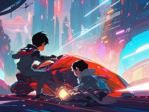 Capture the essence of a 1960s-inspired Astro Boy-esque anime with a cinematic still showcasing a young boy cyborg character. Illustrate the scene where he unleashes beams of photonegative refractographs from his hands, blending the retro aesthetic with futuristic energy. Embrace the vibrant colors and dynamic action to evoke the spirit of classic Japanese animation. --style scenic --ar 4:3 --niji 5 --no rtx on, 3d, cgi