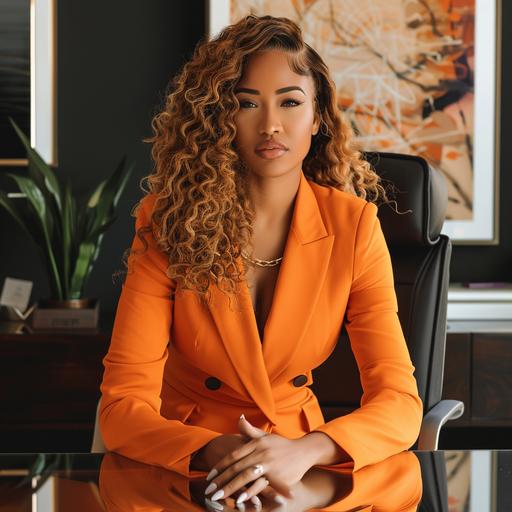 *Capture the essence of confidence and professionalism in a striking image featuring an African American brown-skinned woman. Picture her wearing an elegant orange suit, her raw body wave lace front with a natural hairline exuding sophistication. Adorned in a full glam look with white nails, position her by a luxurious work desk, gazing confidently into the camera. This visual prompt seeks to portray power, style, and a sense of command in a professional setting.