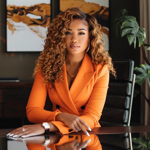 *Capture the essence of confidence and professionalism in a striking image featuring an African American brown-skinned woman. Picture her wearing an elegant orange suit, her raw body wave lace front with a natural hairline exuding sophistication. Adorned in a full glam look with white nails, position her by a luxurious work desk, gazing confidently into the camera. This visual prompt seeks to portray power, style, and a sense of command in a professional setting.