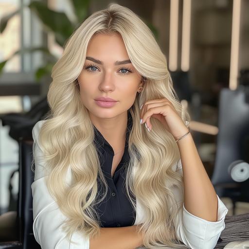 Capture the essence of confidence and professionalism in a striking image featuring a blond American woman. Picture her raw body wave lace front with a natural hairline exuding sophistication. Adorned in a full glam look with white nails, position her by a luxurious work desk, gazing confidently into the camera. This visual prompt seeks to portray power, style, and a sense of command in a professional setting. --v 6.0