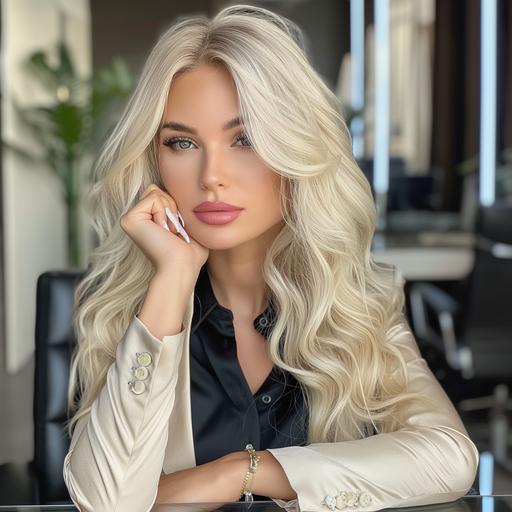 Capture the essence of confidence and professionalism in a striking image featuring a blond American woman. Picture her raw body wave lace front with a natural hairline exuding sophistication. Adorned in a full glam look with white nails, position her by a luxurious work desk, gazing confidently into the camera. This visual prompt seeks to portray power, style, and a sense of command in a professional setting. --v 6.0