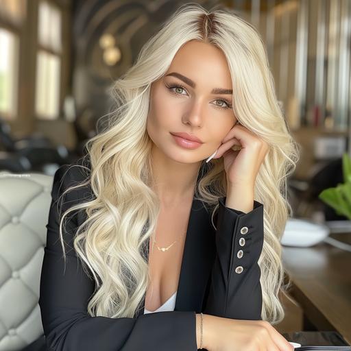 Capture the essence of confidence and professionalism in a striking image featuring a blond American woman. Picture her raw body wave lace front with a natural hairline exuding sophistication. Adorned in a full glam look with white nails, position her by a luxurious work desk, gazing confidently into the camera. This visual prompt seeks to portray power, style, and a sense of command in a professional setting. --v 6.0